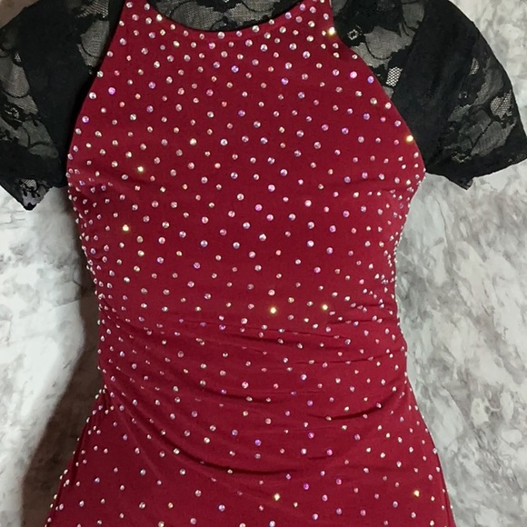 Jovani Red Maxi Dress with Black Lace Sleeves - Picture 2 of 8